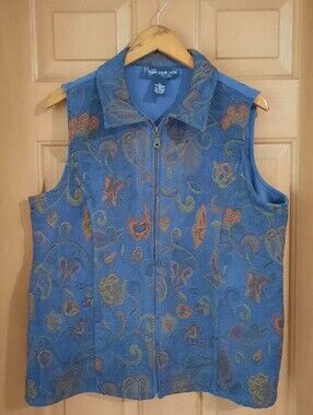 Susan Graver Style Blue Floral Paisley Tapestry Cottagecore Vest Full-Zip Large